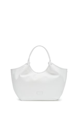 Biała skórzana torba typu tote z dwoma uchwytami i subtelną prostokątną naszywką z logo na środku przodu.