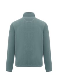 Fleecejakke i dæmpet teal-farve med høj krave og lange ærmer. Glat tekstur uden synlige lukninger eller mønstre.