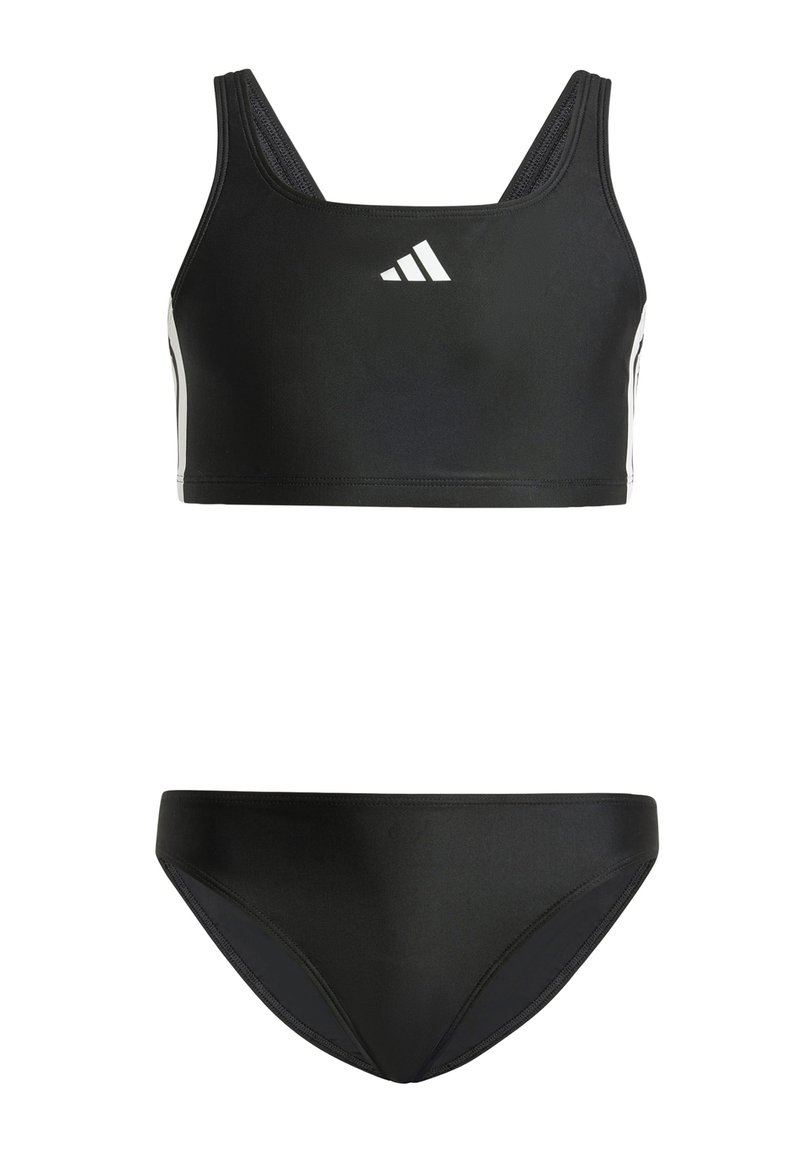 Svart badetøysett med en cropped topp med brede stropper og hvit logo, kombinert med matchende bikiniunderdel. Glatt, stretchy stoff.
