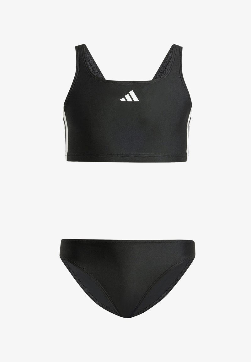 Μαύρο σετ μαγιό που περιλαμβάνει ένα cropped top με φαρδιές τιράντες και λευκό λογότυπο, το οποίο συνδυάζεται με ένα αντίστοιχο μπικίνι. Λείο, ελαστικό ύφασμα.