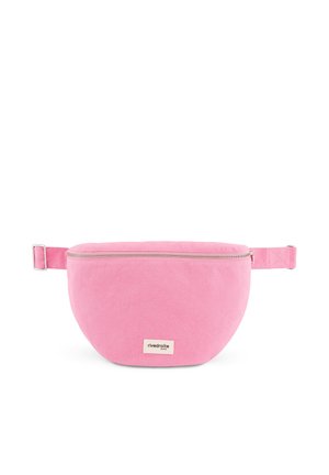 Sac banane en tissu rose doux avec fermeture éclair et sangle réglable, comprenant une petite étiquette blanche avec le nom de la marque "rivedroite".