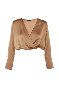 Satin crop top med omslag i en varm beige farve, med lange ærmer med brede manchetter og en indsnøret frontdetalje for struktur og form.