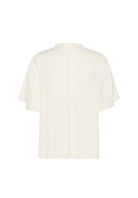 Vit kortärmad blus med en volangkrage och mjukt, lätt tyg. Har en avslappnad passform och en subtil texturerad mönster.