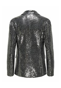 Blazer adornado con lentejuelas en tonos negro y plateado brillante, con solapas clásicas y un corte entallado, y mangas largas.