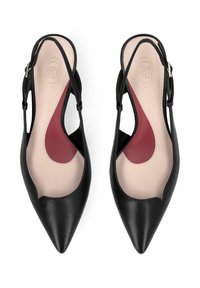 Paire de chaussures plates à bout pointu en cuir noir avec des semelles intérieures rembourrées beige et bordeaux, vue de dessus sur un fond blanc.