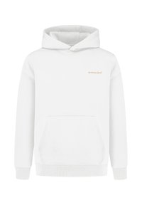 Haut à capuche blanc en tissu doux avec une poche kangourou, des poignets et un ourlet côtelés, et un petit logo imprimé en marron clair sur la poitrine gauche.