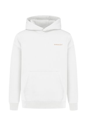 Witte hoodie van zachte stof met een kangoeroezak, geribde manchetten en zoom, en een klein gedrukt logo in lichtbruin op de linkerkant van de borst.