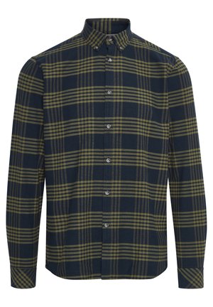 Chemise pour homme à manches longues, présentant un motif à carreaux bleu marine et vert olive, fabriquée en coton avec un col classique et une fermeture à boutons.