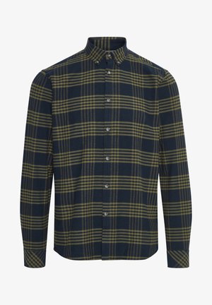 Férfi gombos ing, tengerészkék és olíva zöld kockás mintával, pamutból készült, klasszikus gallérral és gombos záródással.