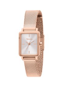 Quadratische Uhr in Roségold-Ton mit Mesh-Armband, weißem analogen Zifferblatt und minimalistischen Stundenmarkierungen. Verfügt über eine polierte Oberfläche und das Markenlogo.