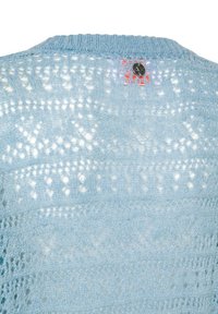 Maglione azzurro chiaro lavorato a maglia con un delicato motivo ad intaglio e un piccolo bottone nero sul colletto, su uno sfondo bianco.