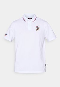 White polo shirt with red and blue striped collar, three-button placket, and an embroidered character design on the chest.