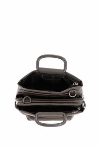 Sac brun texturé avec un design structuré. Deux poignées supérieures, plusieurs compartiments zippés et une doublure intérieure noire avec un logo.