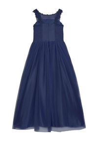 Marineblaues Kleid mit gerafftem Oberteil, transparenten Trägern mit Rüschensaum und einem fließenden Tüllrock. Mit Reißverschluss auf der Rückseite.