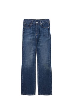 Jeans in denim blu scuro con un design a gamba dritta, cinque tasche e sottili dettagli di usura su tutto il tessuto.