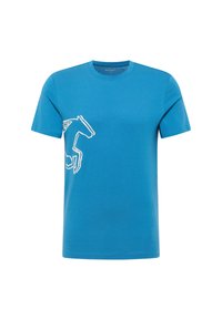 Blue cotton t-shirt with short sleeves, featuring a white outline graphic of a horse on the left chest area. Round neckline.