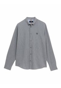 Camicia button-up con motivo a quadri grigi; presenta un colletto, maniche lunghe, bottoni frontali e un piccolo logo sul lato sinistro del petto.