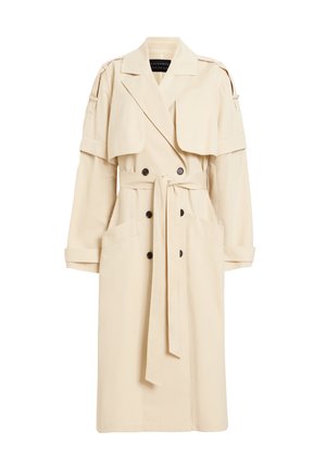 Beige trench coat made of lightweight material with a double-breasted front, oversized collar, and two large pockets. Includes a detachable belt.