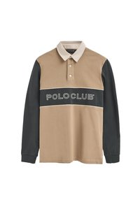 Koszula polo z długim rękawem w kolorze beżowym i ciemnoszarym, z białym paskiem, logo "POLO CLUB" oraz kontrastowym kołnierzykiem z guzikami.