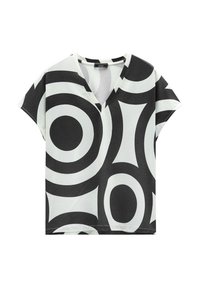 Czarny i biały krótki rękaw V-neck top z dużymi okrągłymi wzorami. Wykonany z lekkiej tkaniny, o luźnym kroju i miękkiej teksturze.