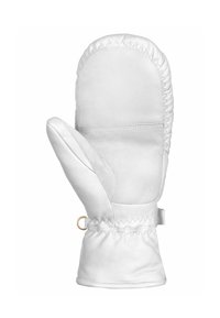 Weiße Handschuhe aus weichem Leder mit einer gestickten Verzierung, ausgestattet mit einem elastischen Bündchen und einem kleinen goldfarbenen Hardware-Akzent.