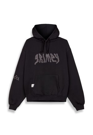 Black sweatshirt with a hood, featuring "GRIMY" in rhinestones across the front, long sleeves, drawstrings, and a front kangaroo pocket.