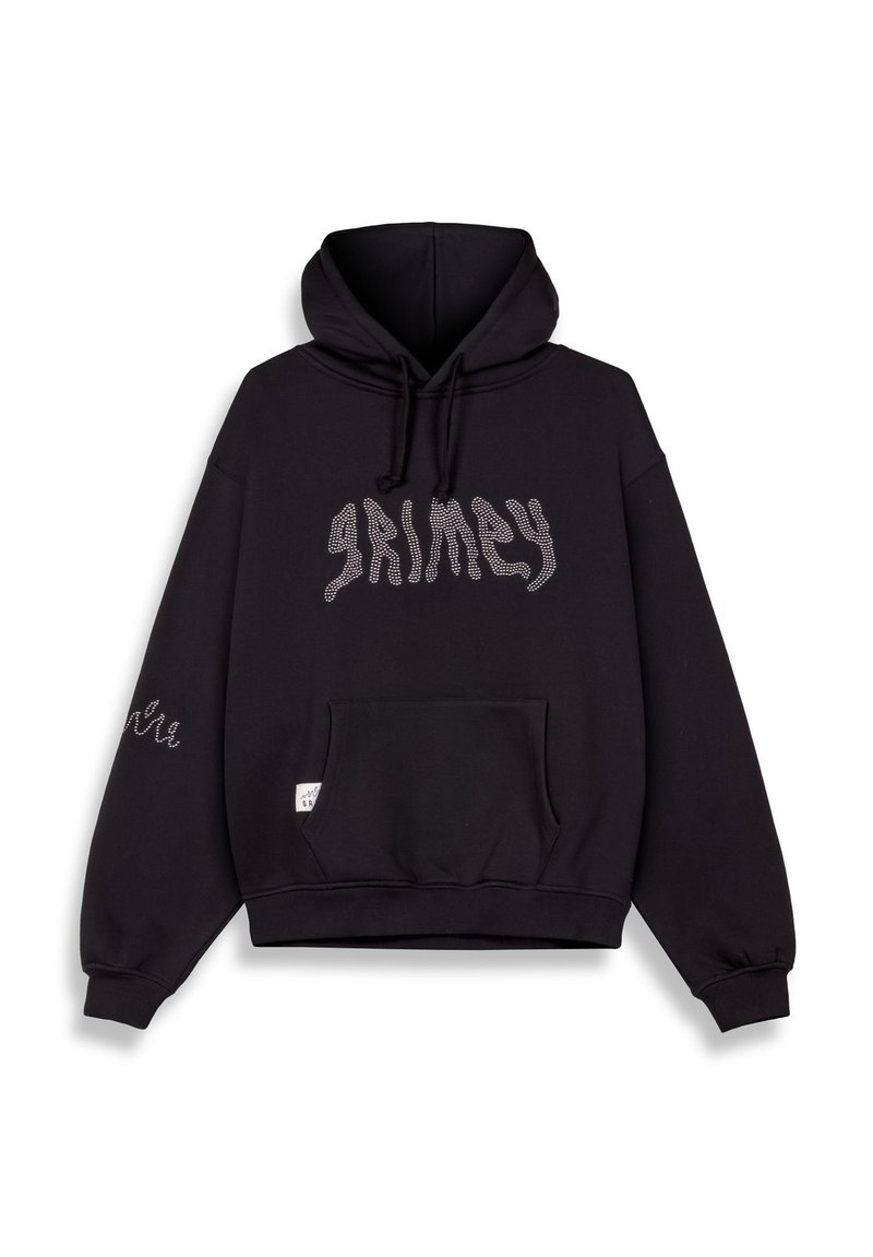 Sudadera negra con capucha, que presenta "GRIMY" en rhinestones en la parte delantera, mangas largas, cordones y un bolsillo canguro frontal.