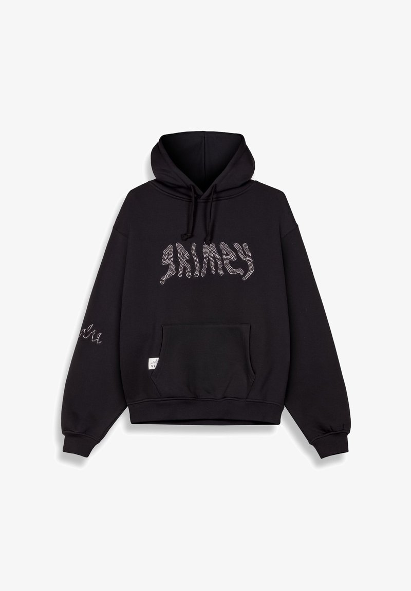 Sudadera negra con capucha, que presenta "GRIMY" en rhinestones en la parte delantera, mangas largas, cordones y un bolsillo canguro frontal.