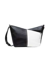 Borsa a tracolla in pelle bianco e nero, con pannello bianco texturizzato, cuciture argentate e tracolla regolabile.
