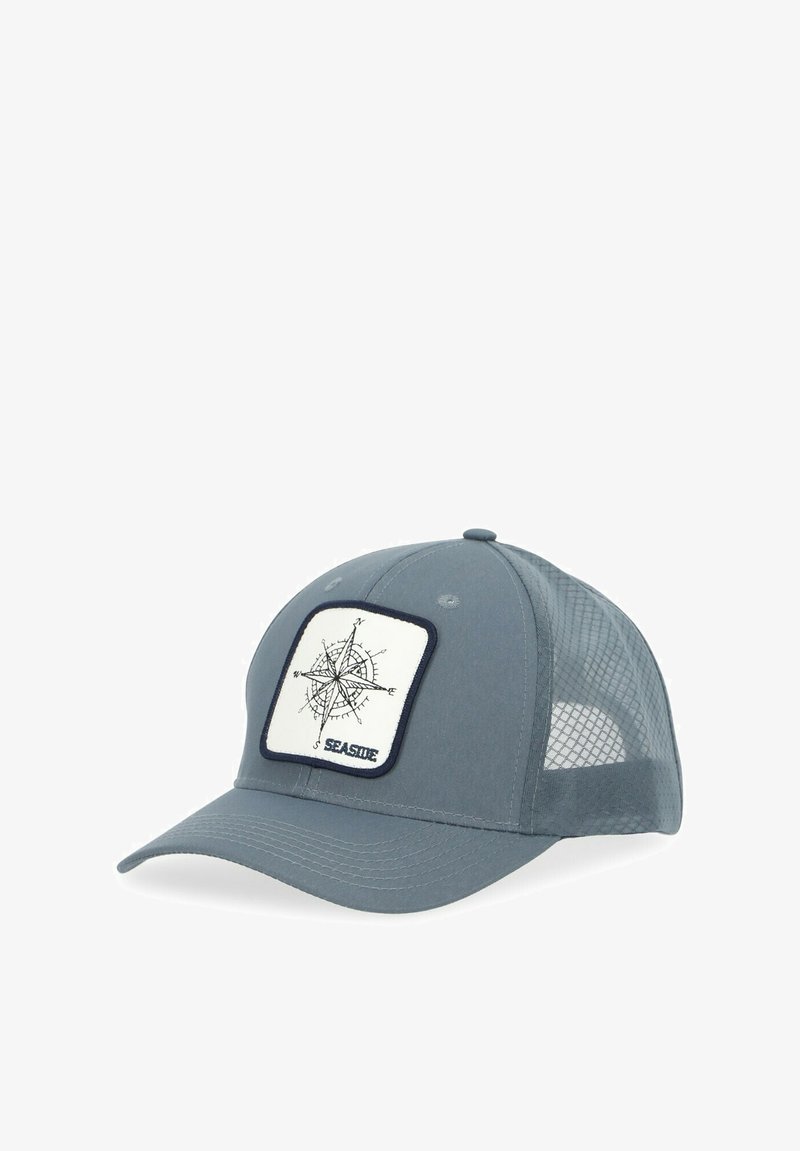 Gray cap with a mesh back, featuring a rectangular white patch with a black compass design and the word "SEASIDE" in navy lettering.