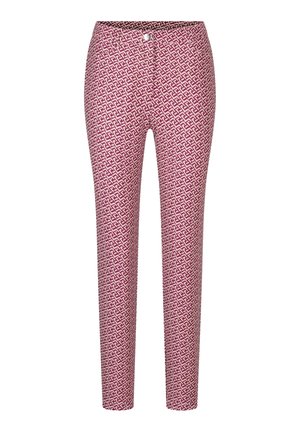 Pantalons à motif avec un design géométrique dans des nuances de rose et de blanc, avec une coupe slim et une fermeture à bouton en argent à la taille.