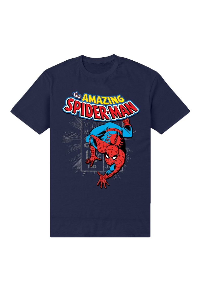 Tmavě modré bavlněné tričko s živým motivem Spider-Mana, výrazným nápisem "the AMAZING SPIDER-MAN" a komiksovými prvky.