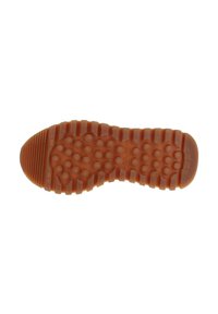 Rubber shoe sole in brown with textured pattern. Features rounded dimples and ridges for traction, smooth toe area, and clear brand logo.