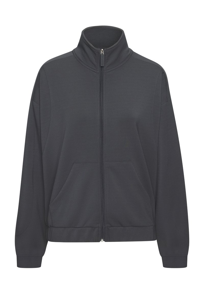 Dark gray zip-up jacket with a high collar, soft texture, two front pockets, and ribbed cuffs and hem. Simple, athletic design.