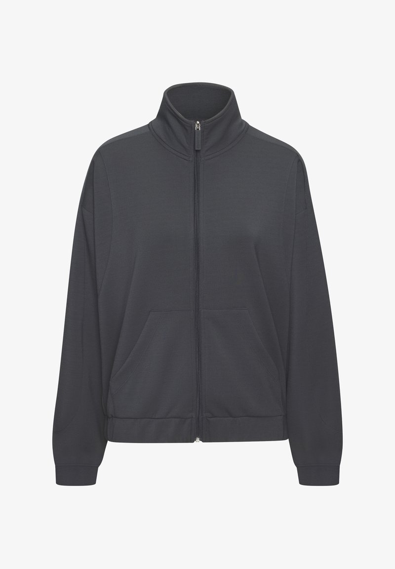 Giacca zip con colletto alto di un grigio scuro, morbida al tatto, con due tasche frontali e polsini e orlo a coste. Design semplice e atletico.