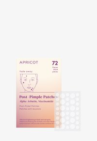 Des patchs post-acné dans une boîte présentant un dégradé pastel de pêche et de violet. La boîte affiche les détails du produit et une feuille de patches circulaires.