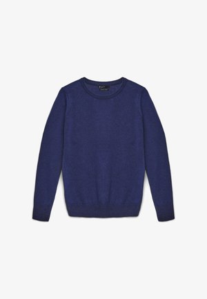 Maglione a collo rotondo di un blu reale, maniche lunghe, polsini e orlo a coste, texture morbida, tessuto liscio senza motivi o decorazioni.