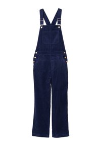 Marineblaue Corduroy-Latzhosen mit verstellbaren Trägern, Fronttasche und Knopfdetails an den Seiten, breitem Bein-Design und weichem Material.