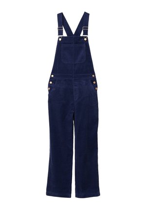 Salopette in corda blu navy con spalline regolabili, tasca frontale e dettagli in bottone sui lati, caratterizzata da un design a gamba larga e una texture morbida.