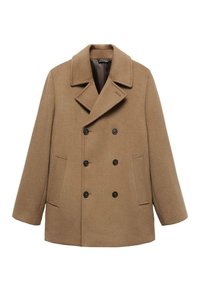 Abrigo de doble botonadura en lana beige, con un amplio cuello de muesca, dos bolsillos delanteros y cinco botones negros.