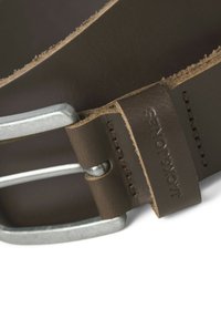 Brown leather belt featuring a silver metal buckle and embossed brand logo. The texture is smooth with raw edges and stitched detailing.