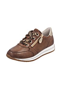 Baskets en cuir marron avec semelle blanche, lacets rayés marron et crème, détail de zipper sur le côté, et accents beige autour de l'ouverture.