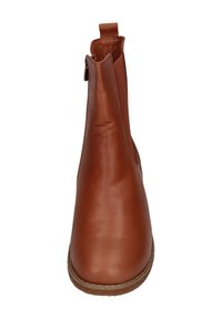 Brauner Leder-Stiefelette mit glatter Oberfläche, geprägten Nahtdetails und rundem Zehenbereich. Mit Zuglasche und strukturiertem Sohlenprofil.