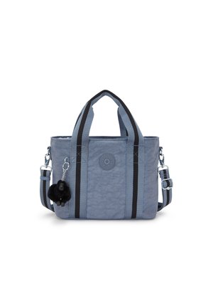 Gray fabric tote bag with black and blue striped accents, dual handles, adjustable strap, and a black furry charm.