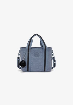 Grå tygväska med svarta och blå randiga detaljer, dubbla handtag, justerbar rem och en svart fluffig charm.