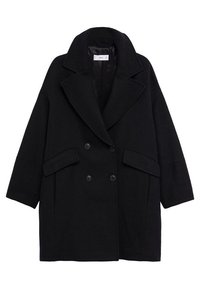 Manteau en laine noir à double boutonnage avec de larges revers, manches longues, deux poches avant à rabats et longueur mi-cuisse.