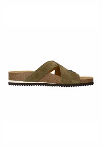 Groene suède slip-on sandaal met kruisbandontwerp, kurken tussenzool, gestructureerde zwarte buitenzool en witte accentlijn.