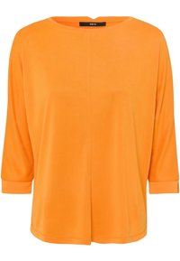 Orangenes Oberteil mit 3/4-Ärmeln aus glattem Stoff. Es hat einen weiten Ausschnitt und eine lockere Passform, mit einem geraden Saum und minimalen Nähdetails.