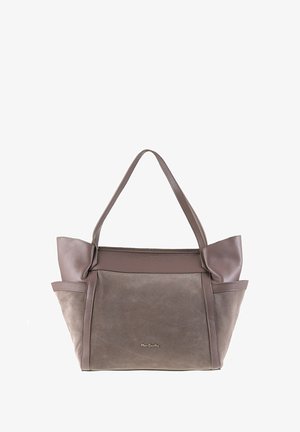 Braune Leder-Tote mit einem strukturierten Wildlederkörper und glatten Lederakzenten. Enthält zwei Seitenfächer und einen zentralen Verschluss.