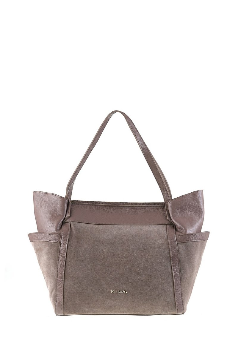 Borsa a spalla in pelle marrone con corpo in suede testurizzato e accentuazioni in pelle liscia. Presenta due tasche laterali e una chiusura centrale.